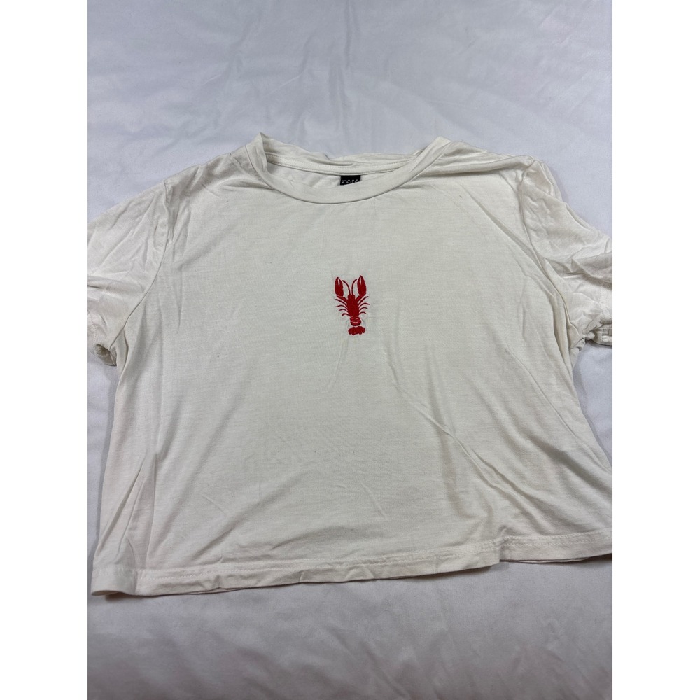 West Fade Womens White Lobster Embroidered Short Sleeve Crop Top Tee Size S
